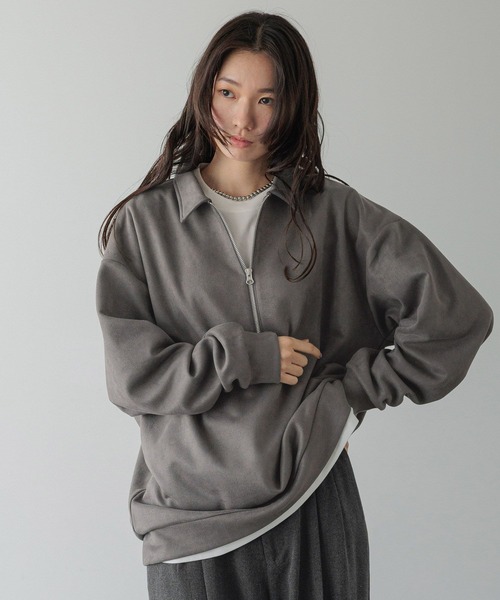 LOWRYS FARM(ローリーズファーム)の「【LFM(U)】スウェードライクHZIPポロ 593465(Tシャツ/カットソー・メンズ・ブラウン/グレー/チャコールグレー・MEDIUM/LARGE)」の2枚目の写真