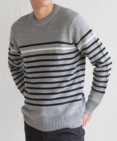 ikka(イッカ)の「ナバルボーダーニット(ニット/セーター・メンズ・オフホワイト/グレー/ネイビー・M/L/S/XL)」の3枚目の写真