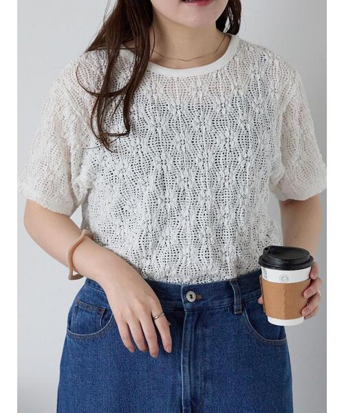 ehka sopo(エヘカソポ)の「花メッシュプルオーバー(Tシャツ/カットソー・レディース・オフホワイト/ブラック/ピンク・F)」の1枚目の写真