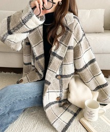 mily bilet | 【mily bilet】冬のコーデを引き立てる。起毛ブークレーチェック柄コクーンシルエットダブルジャケットコート(チェスターコート)
