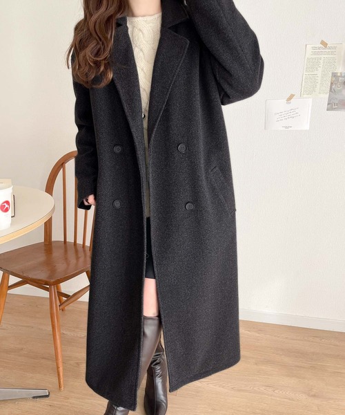 洗練された 冬スタイルを彩る。 フェイク ウール ベルト付き ダブル チェスター コート（ロング丈）の3枚目の写真
