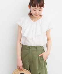 Dot＆Stripes CHILD WOMAN | 80ボイルレース ケープカラーノースリーブブラウス(シャツ/ブラウス)