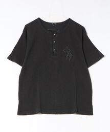 ピグメント加工 ヘンリーネック ワッフルTシャツ 半袖 クロス刺繍