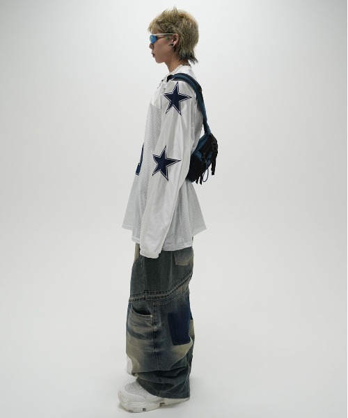 XU(エックスユー)の「ストリートファッション XU エックスユー star mesh long sleeve tee スター メッシュロンT メッシュトップス ジャージ オーバーサイズ 長袖トップス ロゴ 韓国ファッション(Tシャツ/カットソー・メンズ・ホワイト/ブラック・ONE SIZE)」の14枚目の写真