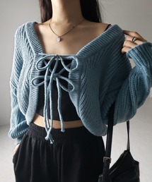 ※※【 ５color 】クロスストラップダブルリボンショートニットカーディガン ／ cross strap double ribbon short knit cardigan