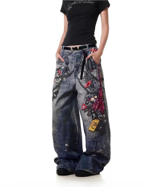 WESTSEA(ウエストシー)の「チェーンプリント デニムライク ワイドパンツ(その他パンツ・レディース・ブルー・M/L)」の3枚目の写真