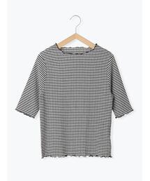 Samansa Mos2 blue | シャーリングギンガムチェックTシャツ(Tシャツ/カットソー)