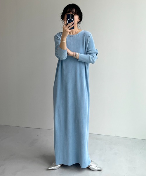 wee9s(ウィークス)の「【セルフカット可能】daily daily super stretch crew neck pleats one piece / デイリーデイリースーパーストレッチクルーネックプリーツワンピース(ワンピース・レディース・アッシュグレー/スカイブルー/ブラック/レッド/ネイビー/ボルドー/アイボリー/ダークグリーン/ブルー/ライトブルー・FREE/LONG)」の5枚目の写真