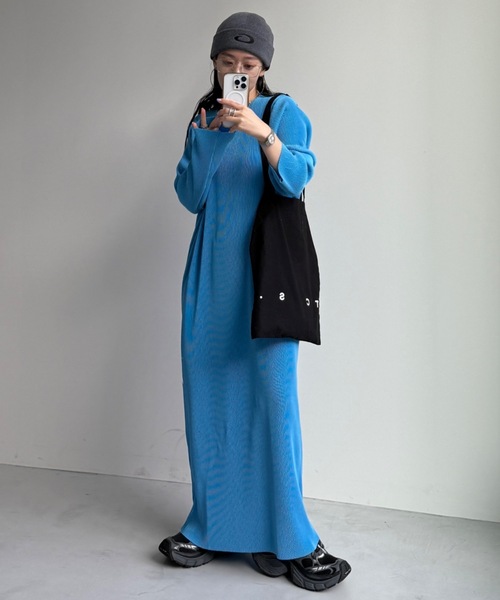 wee9s(ウィークス)の「【セルフカット可能】daily daily super stretch crew neck pleats one piece / デイリーデイリースーパーストレッチクルーネックプリーツワンピース(ワンピース・レディース・アッシュグレー/スカイブルー/ブラック/レッド/ネイビー/ボルドー/アイボリー/ダークグリーン/ブルー/ライトブルー・FREE/LONG)」の14枚目の写真