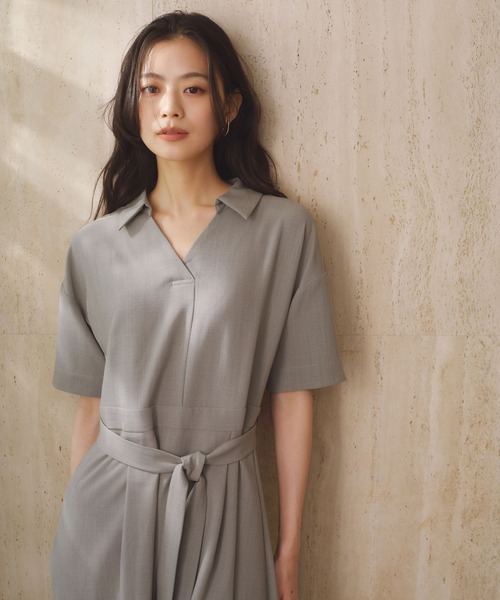 Andemiu(アンデミュウ)の「スキッパーシャツワンピース685204(ワンピース・レディース・ネイビー/ライトベージュ/ライトカーキ・FREE)」の1枚目の写真