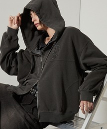 【Alfred Alex】ヴィンテージメイクデザイン ピグメント ダメージパッチロゴ ショートダブルジップパーカー