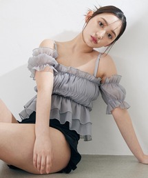CELEN | 【swimwear/体型カバー】チュールフレアビキニ オフショルダートップス・パンツ 2点セット(水着)