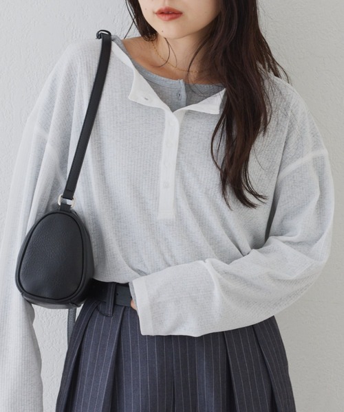 CIAOPANIC TYPY(チャオパニックティピー)の「【一枚でもレイヤードしても◎】2WAYシアーヘンリーネックTEE(Tシャツ/カットソー・レディース・グレー/オレンジ/サックスブルー/ホワイト/ブラック/アイボリー/ブルー/ブラウン/ピンク/バーガンディー/グレー系その他/ベビーピンク/ブルー系その他/ミント・ONE SIZE)」の16枚目の写真