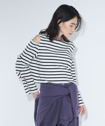 maturely | maturely / ボーダー オープン ショルダー ロングスリーブ カットソー(Tシャツ/カットソー)