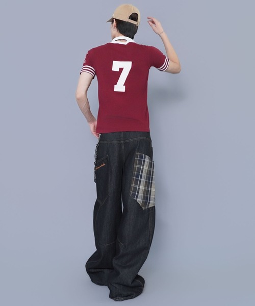 SPINNS(スピンズ)の「デニムワイドバルーンパンツ/チェック切り替えデザイン/カーブバレルシルエット/ユニセックス(デニムパンツ・メンズ・ネイビー系1/ネイビー系・L/M)」の16枚目の写真
