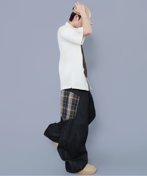 SPINNS(スピンズ)の「デニムワイドバルーンパンツ/チェック切り替えデザイン/カーブバレルシルエット/ユニセックス(デニムパンツ・メンズ・ネイビー系1/ネイビー系・L/M)」の18枚目の写真