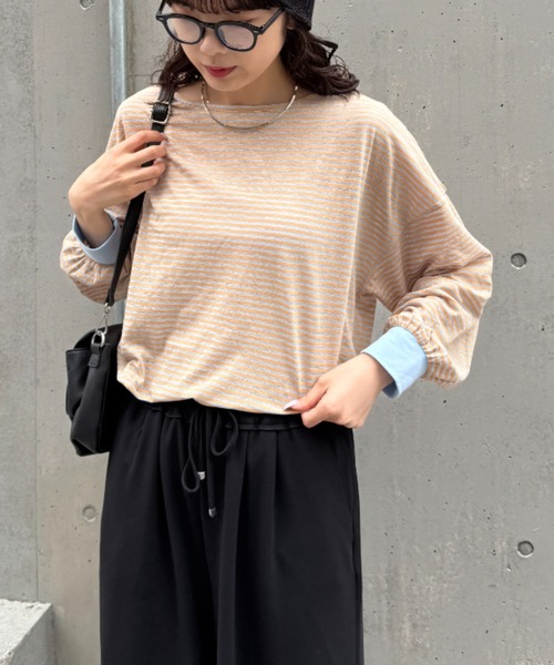 CIAOPANIC TYPY(チャオパニックティピー)の「シアーボーダーロンTee(Tシャツ/カットソー・レディース・チャコールグレー/ブルー/ホワイト/ピンク/ベージュ・ONE SIZE)」の6枚目の写真