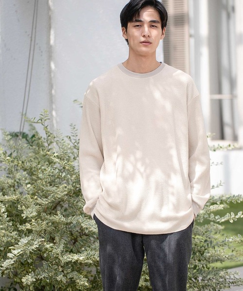 niko and...(ニコアンド)の「ニットライクワッフルプルオーバー(Tシャツ/カットソー・メンズ・ネイビー/オレンジ/スモーク/アイボリー・MEDIUM/LARGE)」の1枚目の写真