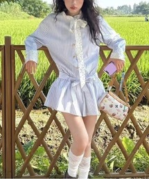 WEGO | ドット柄ボウタイストライプシャツワンピース(シャツワンピース)