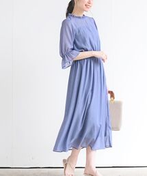 ラメ楊柳プチハイネック5分袖ワンピース