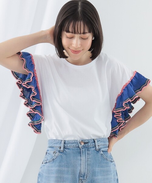 Ray BEAMS(レイビームス)の「Ray BEAMS / ライン ニット フリル スリーブ Tシャツ(Tシャツ/カットソー・レディース・ブラック/ホワイト/イエロー・ONE SIZE)」の2枚目の写真