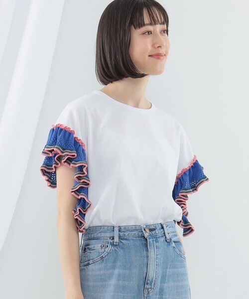Ray BEAMS(レイビームス)の「Ray BEAMS / ライン ニット フリル スリーブ Tシャツ(Tシャツ/カットソー・レディース・ブラック/ホワイト/イエロー・ONE SIZE)」の9枚目の写真