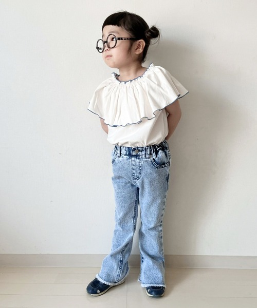 CIAOPANIC TYPY(チャオパニックティピー)の「【KIDS】USAコットン2WAYフリルビッグカラーノースリーブ(Tシャツ/カットソー・キッズ・チャコールグレー/サックスブルー/アイボリー/ブルー・S/M/L/XL/XXL)」の2枚目の写真