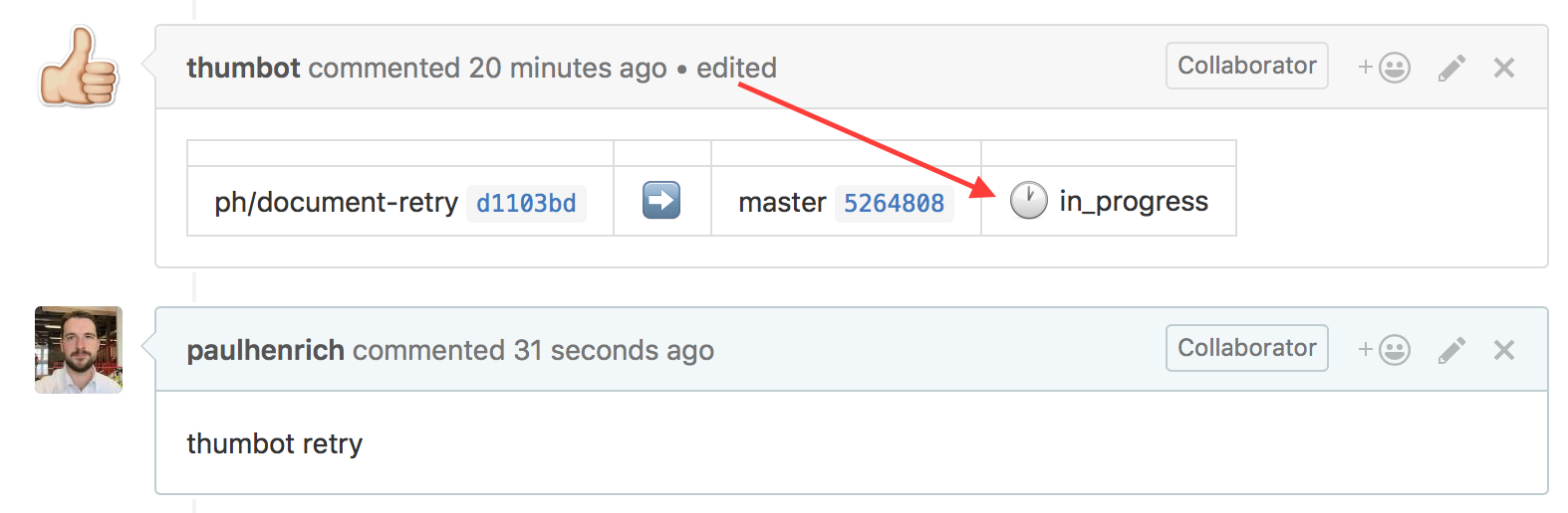Screenshot of thumbot showing "In progress" above new comment of "thumbot retry"