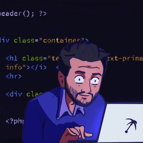 man with beard, furiously coding, PHP code scrolls behind him