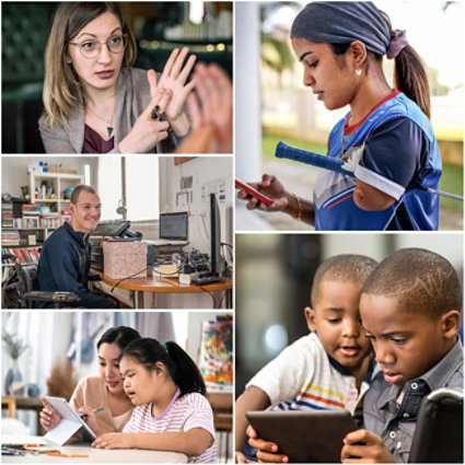 Collage of a variety of individuals with various disabilities interacting with others and using technology