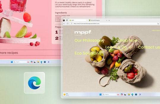 หน้าต่างเบราว์เซอร์ Edge สองหน้าต่างซ้อนทับกัน โดยมีไอคอน Edge ที่ขยายใหญ่ขึ้นตรงมุมซ้ายล่างบนพื้นหลังสีเขียวอ่อน