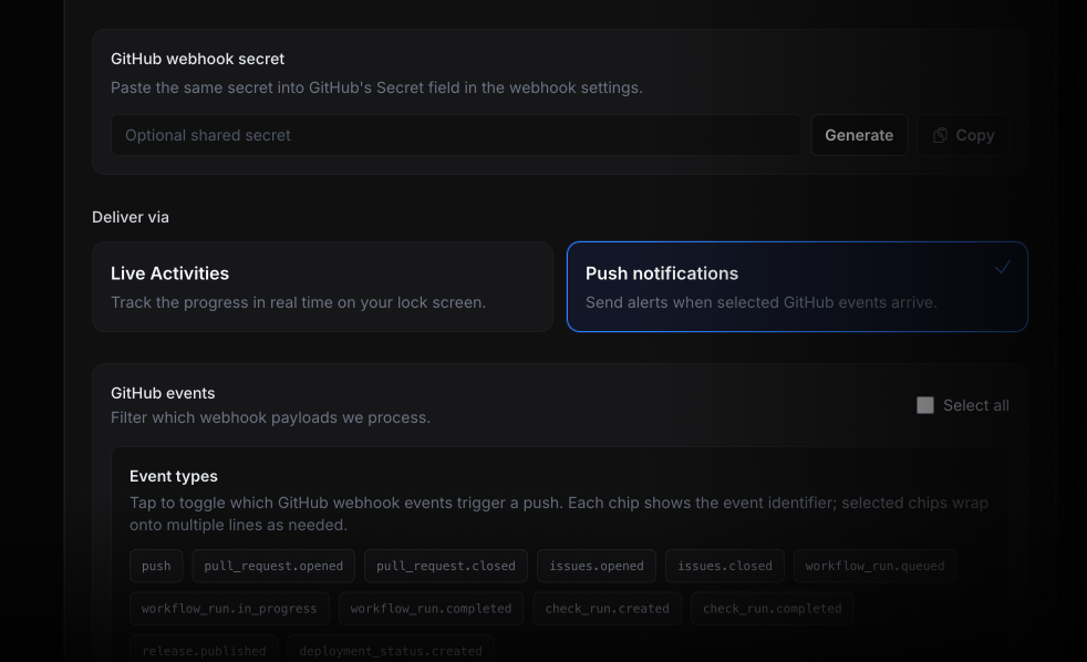 ActivitySmith GitHub webhook configuration with Push Notifications delivery selected