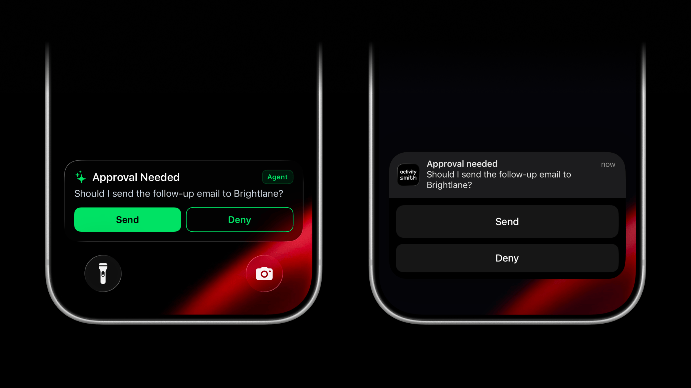 ActivitySmith remote approval shown as a Live Activity and actionable Push Notification