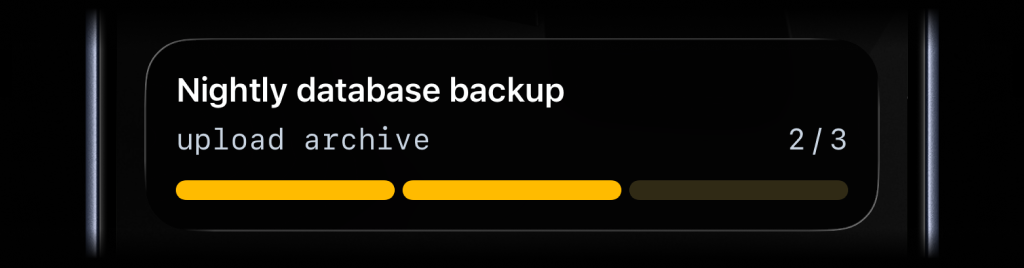 Nightly database backup Live Activity showing step 2 of 3