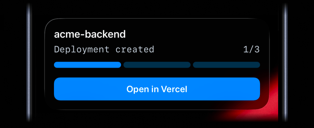 ActivitySmith Live Activity showing Vercel deployment progress starting on iPhone