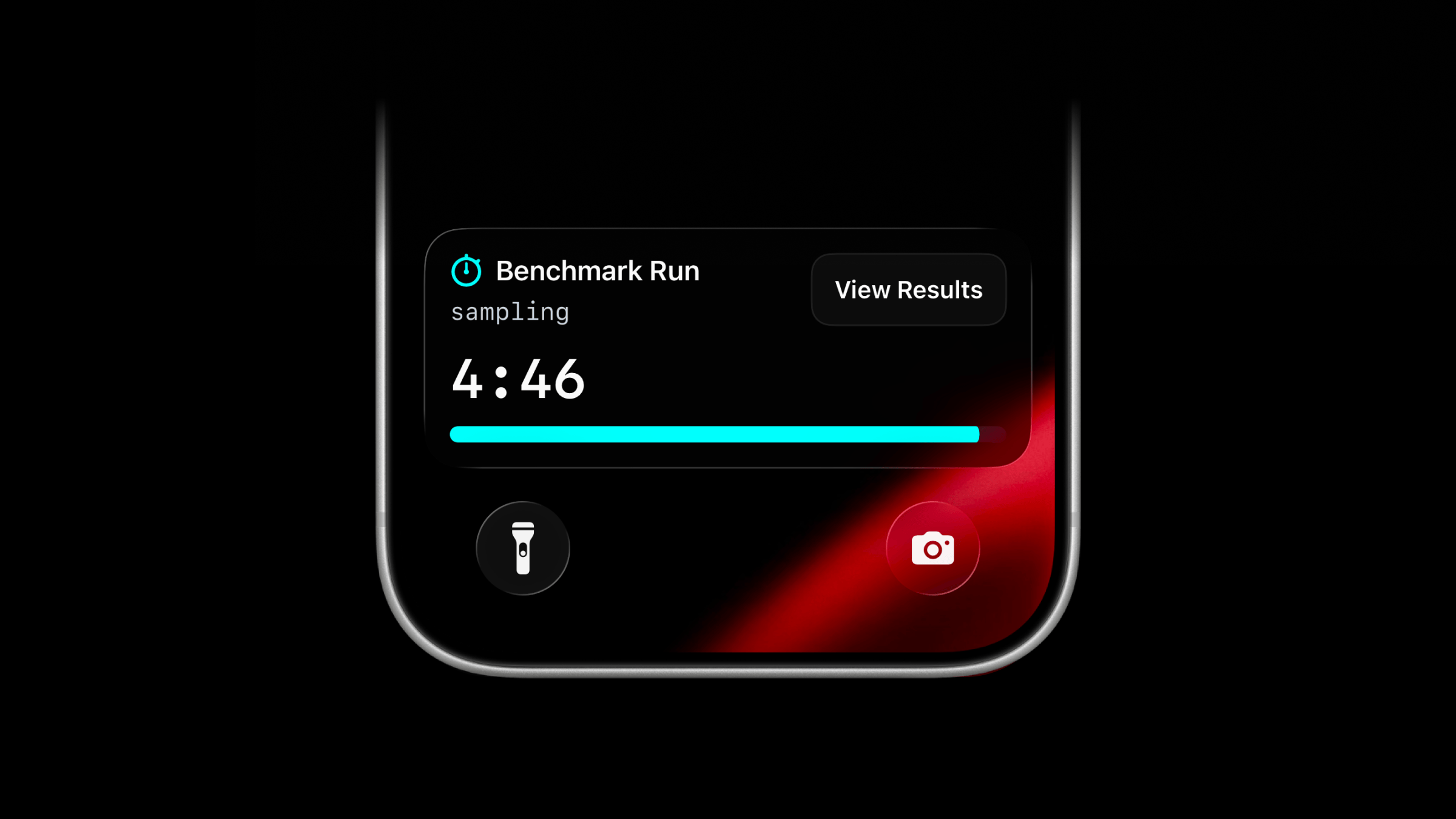 Timer Live Activity on iPhone showing a benchmark run countdown