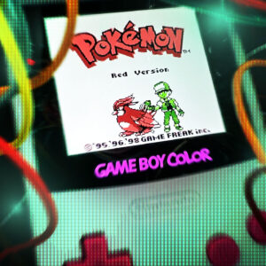A game Boy Color playing Pokémon Red surrounded by the tendrils of an AI, or maybe some funky glowing wires, what do AI tendrils look like anyways
