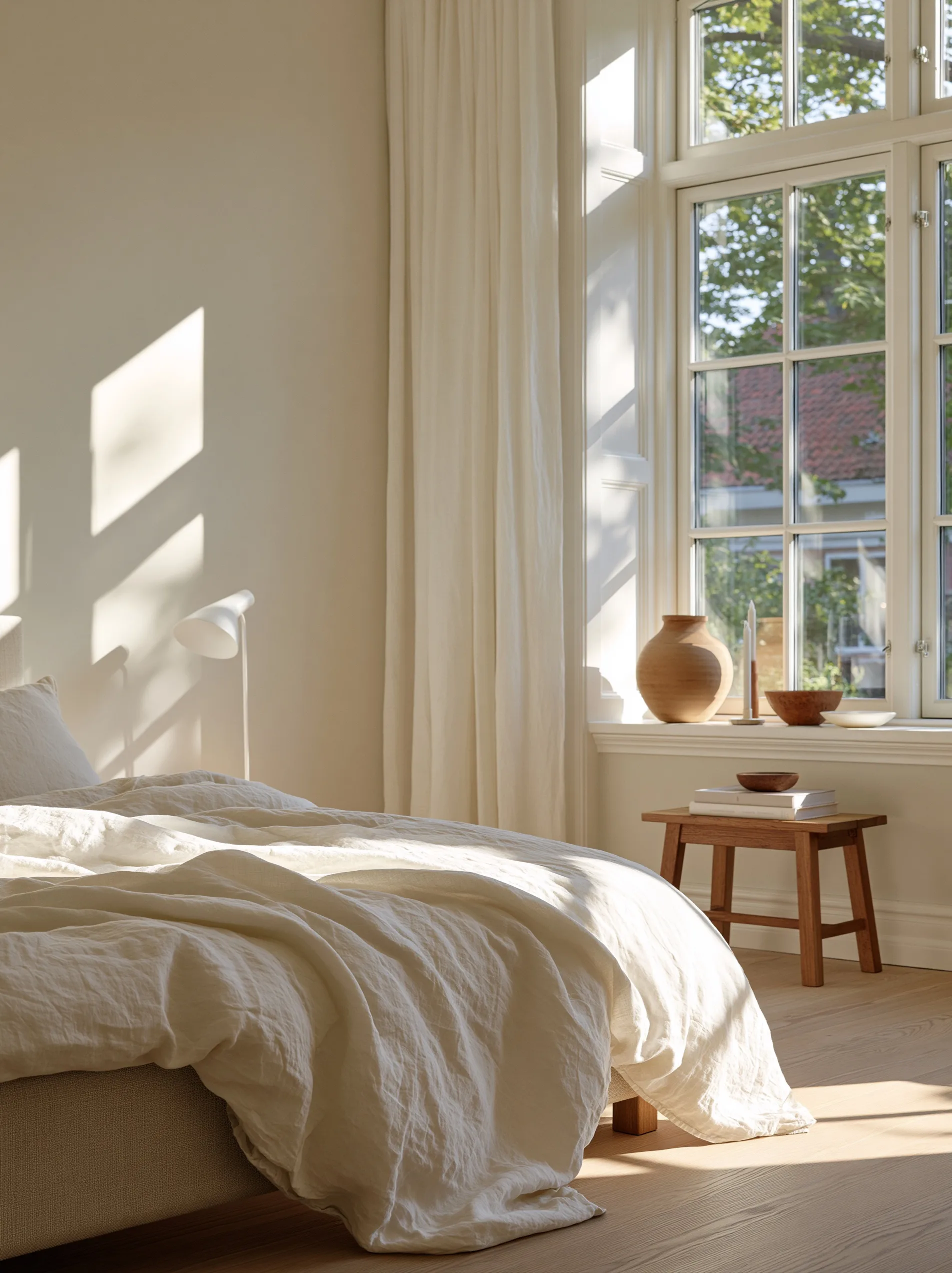 Large windows fill a serene bedroom interior with diffused daylight, creating soft shadows and highlighting the natural textures of the space.