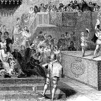 William Shakespeare and Lord Chamberlain's Men performing "Love's Labour's Lost" for Queen Elizabeth I, from the Works of William Shakespeare; etching, dated c. mid-19th century.