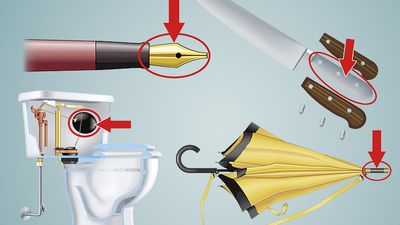 Name that Thing - Around the House, composite image: umbrella ferrule, toilet floatbowl, pen nib, knife tang