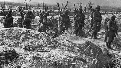 French infantry coming into position at the Marne during World War I, 1914-18.