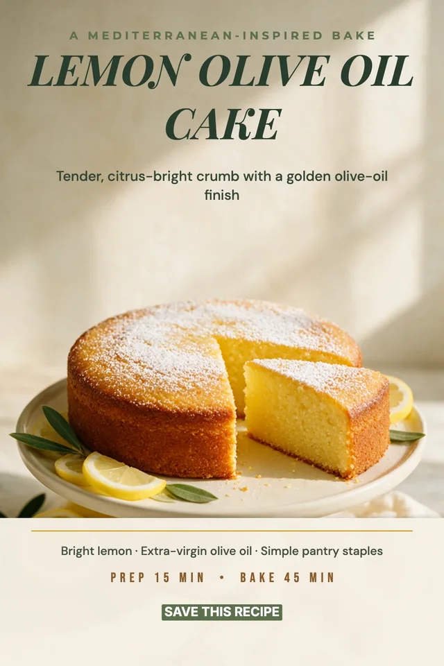 Pinterest pin: LEMON OLIVE OIL CAKE over a sliced cake with lemons