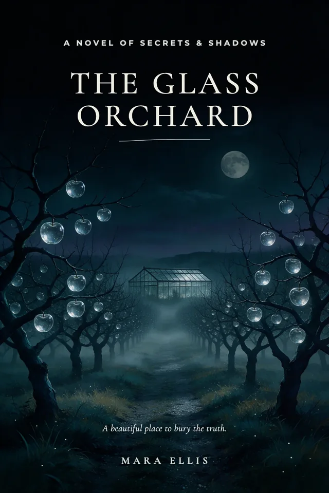 Book cover: THE GLASS ORCHARD, glass fruit on dark trees under a moon