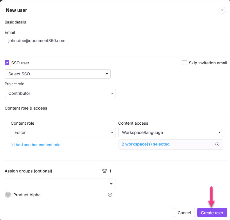 User creation form with email, roles, and access options highlighted for clarity.