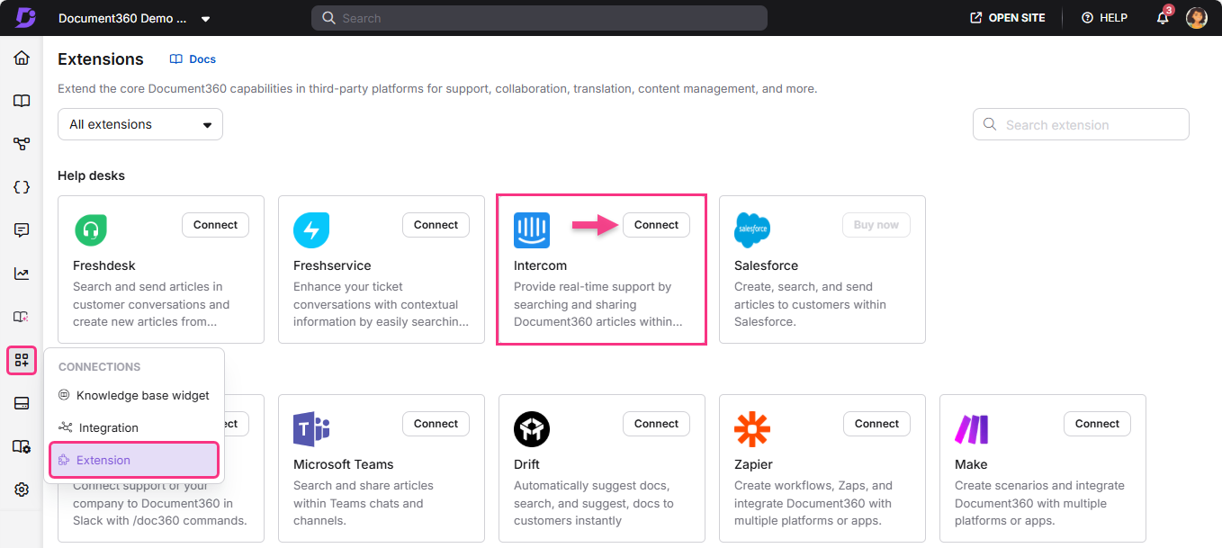 Document360 extensions page showing various integrations with highlighted Intercom option.