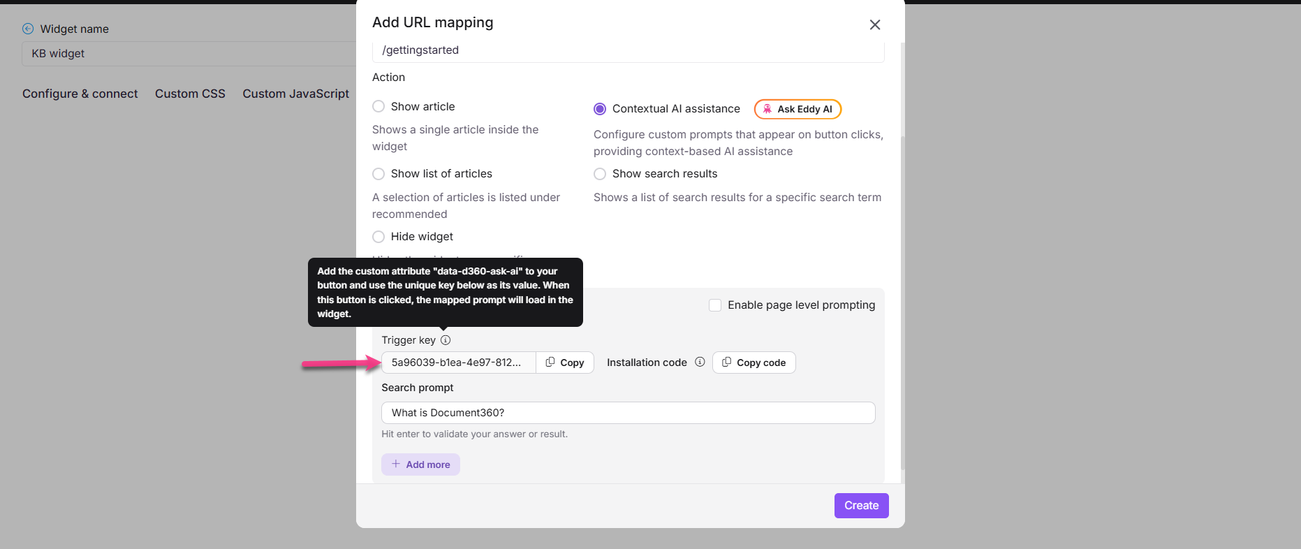 Instructions for adding URL mapping and contextual AI assistance in a widget interface.