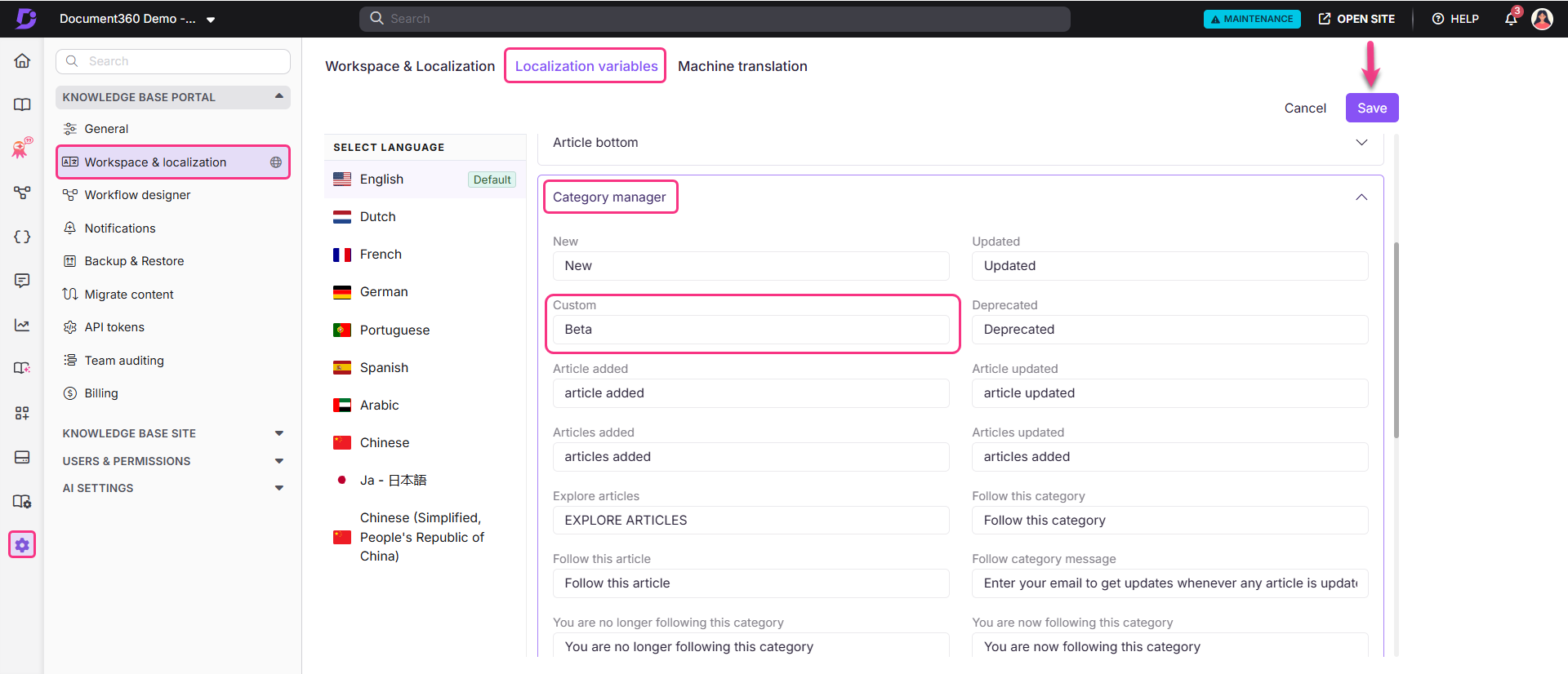 Settings interface showing localization variables and category management options for multiple languages.