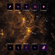 On top of one image, which consists of a brown and orange cloud-like structure with bright spots lining a central ridge, lie 10 smaller images of discs on dark backgrounds. The disc images are coloured in shades of purple, orange and white, and each disc has a unique shape. The discs are labelled by number, and their location within the brown and orange cloud-like structure is indicated on the larger, background image.