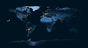 The image is a map projection of Earth at night, with the lights showing highly populated areas. There are six dark yellow dots on the map: one in Hawaiʻi (with SMA written next to it), two in Chile (with APEX and ALMA next to it), one in Greenland (GLT), one in Spain (30-M) and one in France (NOEMA).