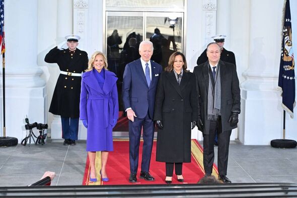 US President Joe Biden, First Lady Jill Biden, Vice President Kamala Harris and Second Gentleman Douglas Emhoff prepare to greet